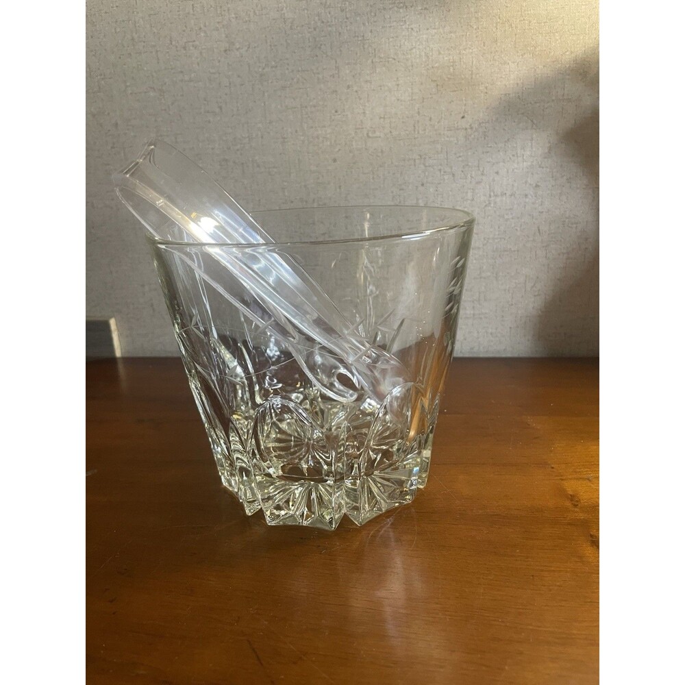 Princess House Clear Glass Ice Bucket Etched Floral w/ Tongs Included 0488